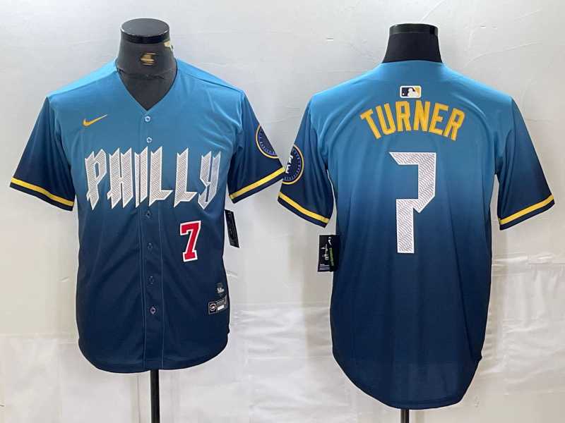 Mens Philadelphia Phillies #7 Trea Turner Number Blue 2024 City Connect Limited Stitched Jerseys